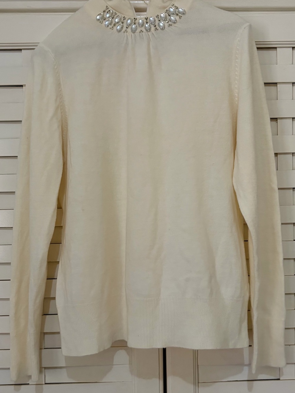 Debbie Morgan Cream Jeweled Mock Neck Sweater